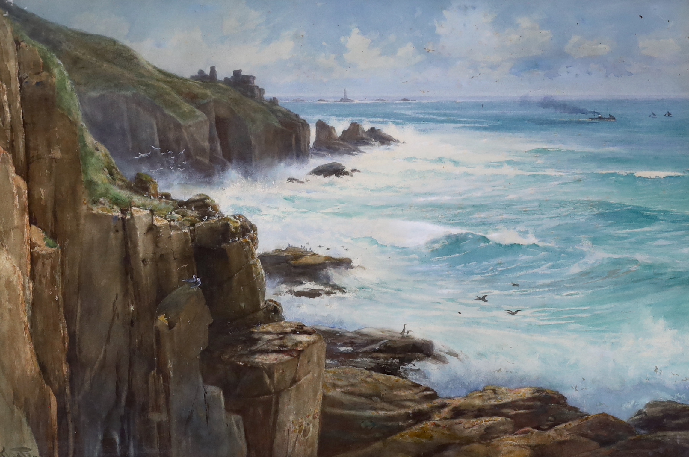 19th / 20th century heightened watercolour, Rocky coastal scene, indistinctly signed R Heath?, 90 x 59cm